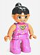 Minifig No: 47394pb153  Name: Duplo Figure Lego Ville, Female Tightrope Walker, Dark Pink Legs and Top with Gold Bow and Stars, Black Ponytail Hair, Brown Eyes
