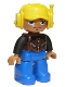 Minifig No: 47394pb157a  Name: Duplo Figure Lego Ville, Male, Blue Legs, Brown Vest with Zipper and Zippered Pockets, Yellow Cap with Headset, Oval Eyes