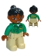 Minifig No: 47394pb158  Name: Duplo Figure Lego Ville, Female, Tan Legs, Green Top with 'ZOO' on Front and Back, Black Ponytail Hair, Brown Head (Zoo Worker)