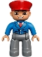 Minifig No: 47394pb165  Name: Duplo Figure Lego Ville, Male, Dark Bluish Gray Legs, Blue Jacket with Tie, Red Hat, Smile with Teeth (Train Conductor) (6203758, 6273392)