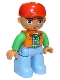 Minifig No: 47394pb166a  Name: Duplo Figure Lego Ville, Male, Medium Blue Legs, Orange Vest, Dark Green Plaid Shirt, Bright Green Arms, Red Cap, Oval Eyes (6273449)