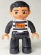Lot ID: 405473803  Minifig No: 47394pb168  Name: Duplo Figure Lego Ville, Male, Black Legs, Black and White Striped Top with Number 92116, Black Hair (Prisoner)