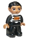 Lot ID: 365051833  Minifig No: 47394pb168a  Name: Duplo Figure Lego Ville, Male, Black Legs, Black and White Striped Top with Number 92116, Black Hair (Prisoner), Oval Eyes