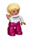Lot ID: 414706534  Minifig No: 47394pb170  Name: Duplo Figure Lego Ville, Female, Magenta Legs, White Sweater with Blue Pattern, Bright Light Yellow Hair, Blue Eyes