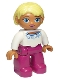 Minifig No: 47394pb170a  Name: Duplo Figure Lego Ville, Female, Magenta Legs, White Sweater with Blue Pattern, Bright Light Yellow Hair, Blue Oval Eyes
