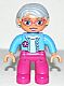 Minifig No: 47394pb173  Name: Duplo Figure Lego Ville, Female, Magenta Legs, Medium Blue Top with Flower, Light Bluish Gray Hair, Blue Eyes, Glasses (6273481)