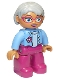 Minifig No: 47394pb173a  Name: Duplo Figure Lego Ville, Female, Magenta Legs, Medium Blue Top with Flower, Light Bluish Gray Hair, Blue Eyes, Glasses, Oval Eyes (6273481)