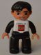 Lot ID: 74492611  Minifig No: 47394pb176  Name: Duplo Figure Lego Ville, Male, Black Legs, White Top, Black Arms, Black Hair, LEGO Logo on Front - Hungarian Lego Factory Employee Gift