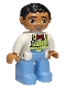Minifig No: 47394pb182  Name: Duplo Figure Lego Ville, Male, Medium Blue Legs, Lime Striped Apron, Red Bow Tie, Black Hair, Oval Eyes