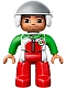 Lot ID: 390509799  Minifig No: 47394pb183  Name: Duplo Figure Lego Ville, Male, Red Legs, Race Top with Zipper and Octan Logo, White Helmet