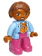 Minifig No: 47394pb190a  Name: Duplo Figure Lego Ville, Female, Magenta Legs, Medium Blue Top with Necklace, Dark Orange Head, Reddish Brown Hair, Oval Eyes