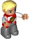 Minifig No: 47394pb196  Name: Duplo Figure Lego Ville, Male Castle, Dark Bluish Gray Legs, Red and White Chest with Lion on Shield, Bright Light Yellow Hair, Blue Eyes