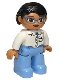 Minifig No: 47394pb206a  Name: Duplo Figure Lego Ville, Female, Medium Blue Legs, White Top with Pocket, White Arms, Blue Glasses, Black Hair, Oval Eyes
