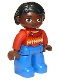 Minifig No: 47394pb207a  Name: Duplo Figure Lego Ville, Female, Blue Legs, Red Argyle Sweater, Red Arms, Brown Head, Black Hair, Oval Eyes