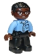 Minifig No: 47394pb208a  Name: Duplo Figure Lego Ville, Male, Black Legs, Medium Blue Shirt with Pocket, Medium Blue Arms, Brown Head, Glasses, Black Hair, Oval Eyes