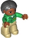 Minifig No: 47394pb209  Name: Duplo Figure Lego Ville, Female, Tan Legs, Green Top with 'ZOO' on Front, Brown Head, Black Hair, Brown Eyes