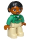 Minifig No: 47394pb209a  Name: Duplo Figure Lego Ville, Female, Tan Legs, Green Top with 'ZOO' on Front, Brown Head, Black Hair, Brown Eyes, Oval Eyes