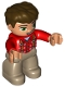 Lot ID: 296347325  Minifig No: 47394pb220  Name: Duplo Figure Lego Ville, Male, Dark Tan Legs, Red Top with Suspenders, Dark Brown Hair