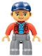 Lot ID: 326951483  Minifig No: 47394pb245  Name: Duplo Figure Lego Ville, Male, Dark Bluish Gray Legs, Red Jacket, Medium Azure Shirt, Dark Blue Cap