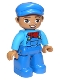 Lot ID: 403795075  Minifig No: 47394pb252  Name: Duplo Figure Lego Ville, Male, Blue Legs, Dark Azure Shirt with Blue Overalls and Red Neckerchief Pattern, Blue Cap (6273563)