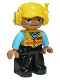 Lot ID: 202795023  Minifig No: 47394pb253  Name: Duplo Figure Lego Ville, Male, Black Legs, Medium Azure Shirt, Yellow Safety Vest with Train Logo, Yellow Cap with Headset