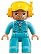 Minifig No: 47394pb260  Name: Duplo Figure Lego Ville, Male, Medium Azure Legs, Medium Azure Jacket with Zipper and Pockets, Yellow Cap with Headset