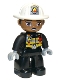 Minifig No: 47394pb272  Name: Duplo Figure Lego Ville, Male Firefighter, Black Legs, Black Jacket with Safety Harness, White Helmet with Silver Fire Badge and Radio, Brown Eyes