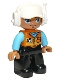 Minifig No: 47394pb288  Name: Duplo Figure Lego Ville, Male, Black Legs, Orange Vest with Badge and Pocket, Medium Azure Arms, White Cap with Headset