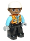 Minifig No: 47394pb289  Name: Duplo Figure Lego Ville, Male, Black Legs, Orange Vest with Badge and Pocket, Medium Azure Arms, Light Bluish Gray Hands, White Construction Helmet