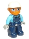 Lot ID: 390518683  Minifig No: 47394pb290  Name: Duplo Figure Lego Ville, Male, Dark Blue Legs, Medium Azure Top with Dark Blue Overalls, White Construction Helmet, Orange Beard (6307376)