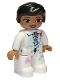Minifig No: 47394pb292  Name: Duplo Figure Lego Ville, Female, White Suit with Zipper, ID Badge, and Paint Splotches, Black Knot Bun Hair