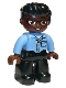 Minifig No: 47394pb295  Name: Duplo Figure Lego Ville, Male, Black Legs, Medium Blue Shirt with Pocket, Reddish Brown Head, Glasses, Black Hair Swept Forward, Oval Eyes
