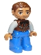 Minifig No: 47394pb297  Name: Duplo Figure Lego Ville, Male, Blue Legs, Reddish Brown Jacket with Zippers, Light Bluish Gray Arms, Reddish Brown Hair, Brown Oval Eyes