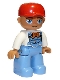 Minifig No: 47394pb302  Name: Duplo Figure Lego Ville, Male, Medium Blue Legs, White Top with Medium Blue Overalls, Bandana, Red Cap, Oval Eyes