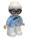 Minifig No: 47394pb303  Name: Duplo Figure Lego Ville, Female, White Legs, Bright Light Blue Top with White and Bright Light Orange Flowers, Dark Brown Glasses, White Hair