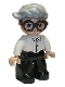Minifig No: 47394pb305  Name: Duplo Figure Lego Ville, Male, Black Legs, White Top, Dark Brown Glasses, Light Bluish Gray Hair