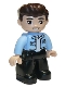 Minifig No: 47394pb306  Name: Duplo Figure Lego Ville, Male, Black Legs, Bright Light Blue Top with White Shirt, Dark Brown Hair