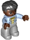 Minifig No: 47394pb317  Name: Duplo Figure Lego Ville, Male, Light Bluish Gray Legs, White and Yellow Top with Bright Light Blue Jacket, Black Hair
