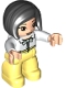 Minifig No: 47394pb323  Name: Duplo Figure Lego Ville, Female, Bright Light Yellow Legs, White Top with Light Aqua Bow, Black Hair, Reddish Brown Eyes (6347490)