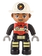 Minifig No: 47394pb332  Name: Duplo Figure Lego Ville, Male Firefighter, Black Legs with Reflective Stripes, Red Vest with Silver Fire Badge and Radio, Medium Nougat Face, White Helmet with Fire Badge