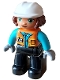 Minifig No: 47394pb346  Name: Duplo Figure Lego Ville, Female, Black Legs, Orange Vest with Badge and Pocket, Medium Azure Arms, Light Bluish Gray Hands, White Construction Helmet (6427943)