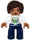 Minifig No: 47394pb350  Name: Duplo Figure Lego Ville, Female, Dark Blue Legs, White Vest with Star and Moon Fasteners, Yellowish Green Shirt, Dark Brown Hair (6442943)
