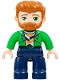 Minifig No: 47394pb365  Name: Duplo Figure Lego Ville, Male, Dark Blue Legs, Bright Green Hoodie over Coral, White and Yellow Shirt, Dark Orange Hair and Beard (6534760 / 6566997)