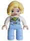 Minifig No: 47394pb366  Name: Duplo Figure Lego Ville, Female Train Driver, Bright Light Blue Legs with Overalls with Name Tag, Train Logo, Lime Scarf Pattern, Bright Light Yellow Hair (6488901 / 6569837)