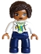 Minifig No: 47394pb367  Name: Duplo Figure Lego Ville, Female, Dark Blue Legs, White Jacket over Yellowish Green Shirt with Blue and Lime Planet, Yellow Star and Moon Pattern, Dark Brown Hair (6442943 / 6604625)