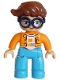 Minifig No: 47394pb368  Name: Duplo Figure Lego Ville, Male, Medium Azure Legs, Orange Plaid Jacket over White Shirt with Silver Buttons, Yellow Collar and Pocket, Bricks Pattern, Reddish Brown Hair, Attached Dark Blue Glasses (6491600 / 6569839)