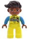 Minifig No: 47394pb369  Name: Duplo Figure Lego Ville, Male, Neon Yellow Legs, Uniform Vest with Silver and Dark Azure Stripes, Radio and EMT Star of Life Pattern, Dark Brown Hair (6527690 / 6569862)