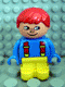 Minifig No: 4943pb003  Name: Duplo Figure, Child Type 1 Boy, Yellow Legs, Blue Top with Red Suspenders, Red Hair, Freckles