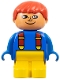 Minifig No: 4943pb003  Name: Duplo Figure, Child Type 1 Boy, Yellow Legs, Blue Top with Red Suspenders, Red Hair, Freckles, White in Eyes