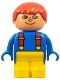 Minifig No: 4943pb003a  Name: Duplo Figure, Child Type 1 Boy, Yellow Legs, Blue Top with Red Suspenders, Red Hair, Freckles